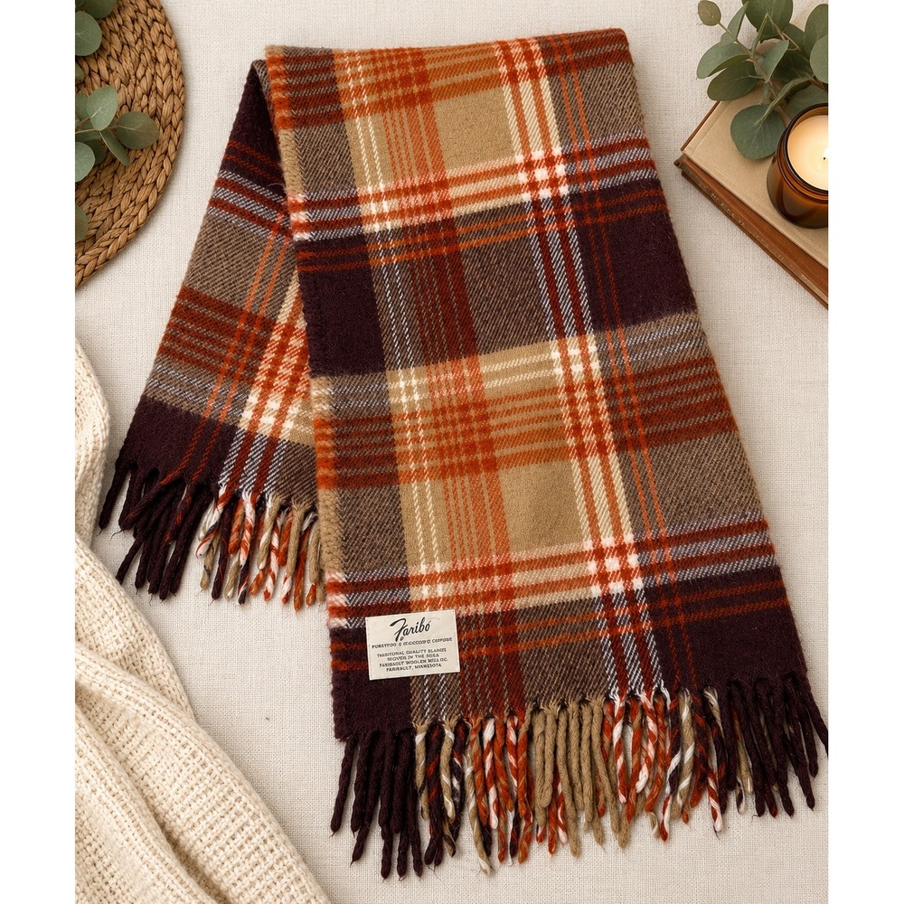 Faribo Faribault Woolen Mill Plaid blanket Orange Brown Fringe Minnesota Made